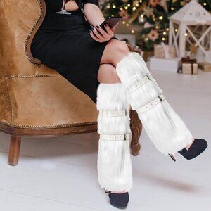 1 Pair Furry Leg Warmers + 4pcs Belts, Punk Boots Cuff Warmers